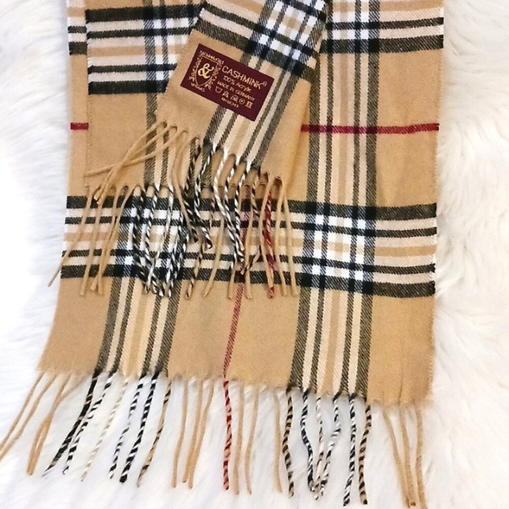 Cashmink NOVA CHECK Long Luxe Scarf 54"x10.5" Tan Plaid Checkered Fringed Preppy